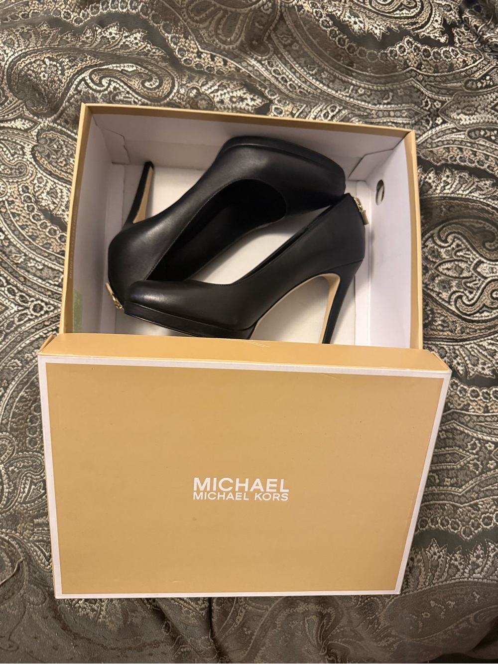 Michael Kors Black Leather High Heel Pumps with Gold Accent
